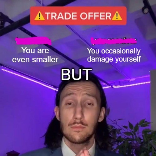TRADE OFFER: You're even smaller, 
						BUT you occasionally damage yourself